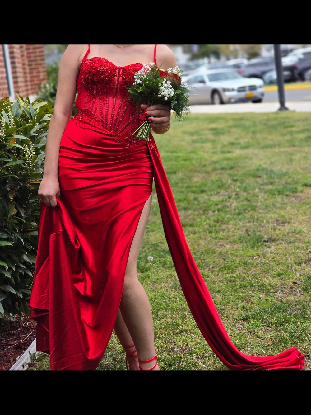 Red Satin Corset Evening Dress with High Slit